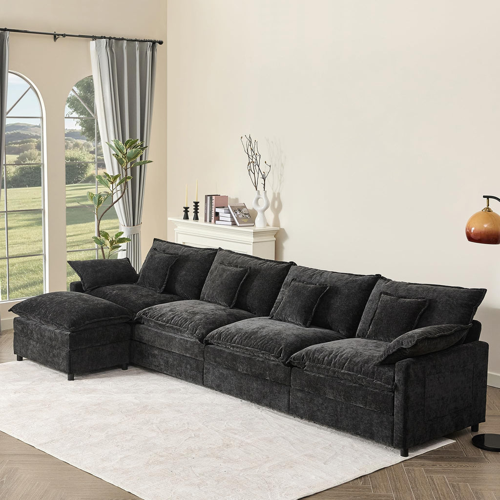 108" U Shaped Couch, Modular Sectional Sofa, 3-Seater Comfy Cloud Couch with Movable Ottoman, Deep Seat Couches for Living Room, Chenille, Black