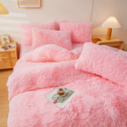 Fluffy Pink Faux Fur Comforter Cover Set，Fluffy Fuzzy Plush Pink Bedding 3Pcs (1 Faux Fur Duvet Cover +2 Fuzzy Pillowcases) Pink Fluffy Bed Set (Pink, Queen)