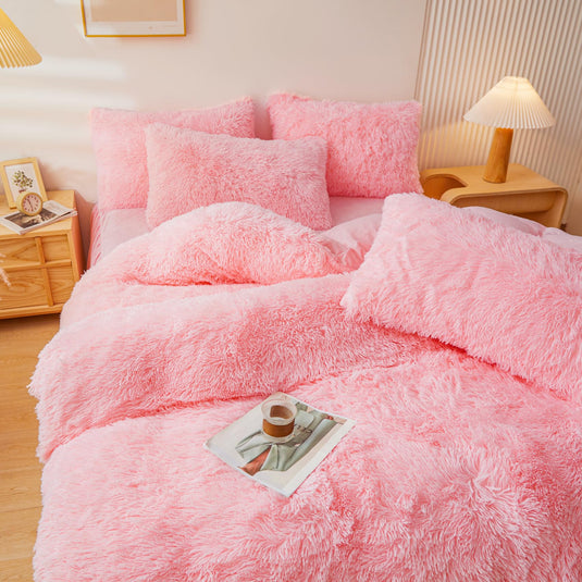 Fluffy Pink Faux Fur Comforter Cover Set，Fluffy Fuzzy Plush Pink Bedding 3Pcs (1 Faux Fur Duvet Cover +2 Fuzzy Pillowcases) Pink Fluffy Bed Set (Pink, Queen)