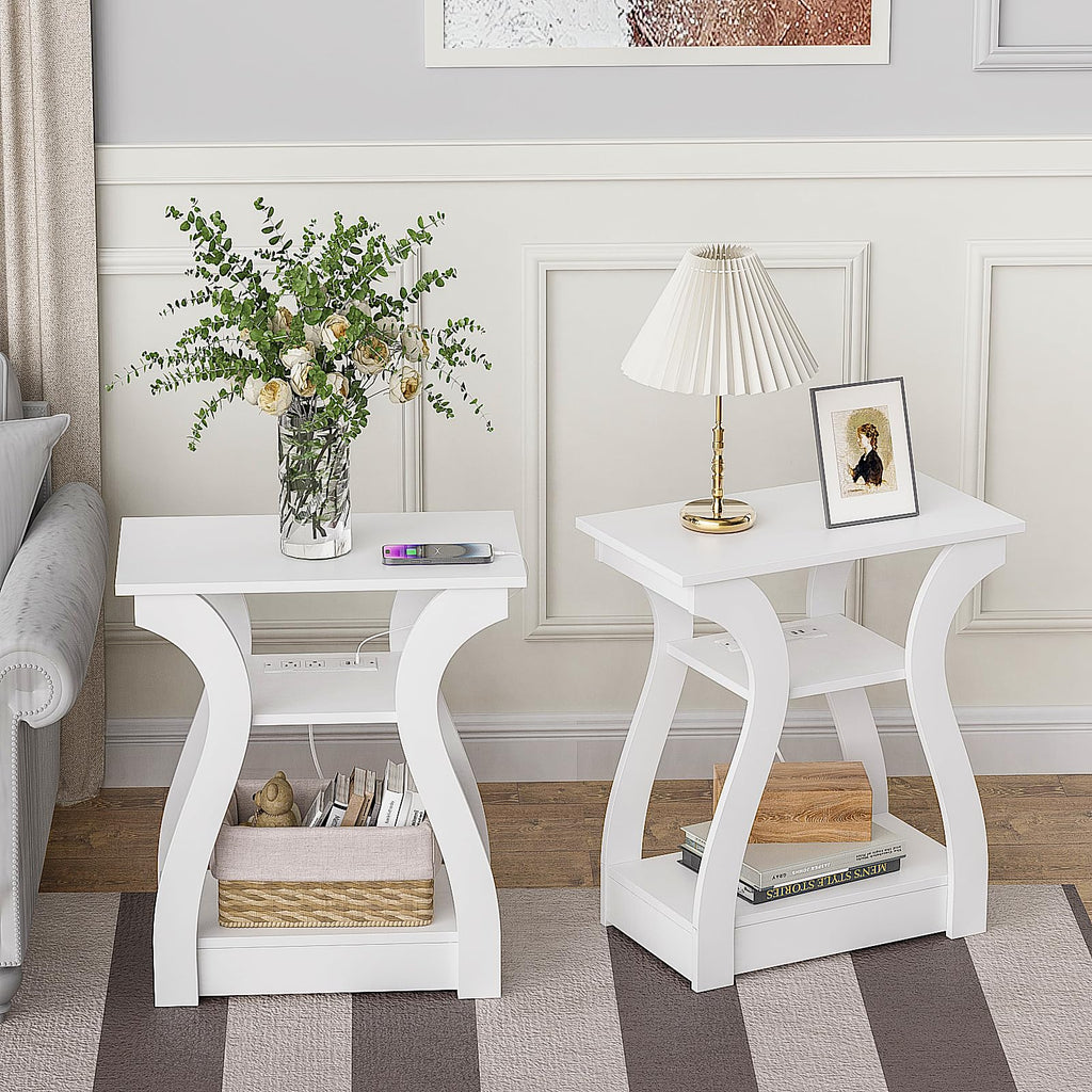 End Tables Living Room, White End Table with Charging Station,White Side Table, Nightstand for Bedroom, 3 Tier End Table with Storage Shelf for Living Room