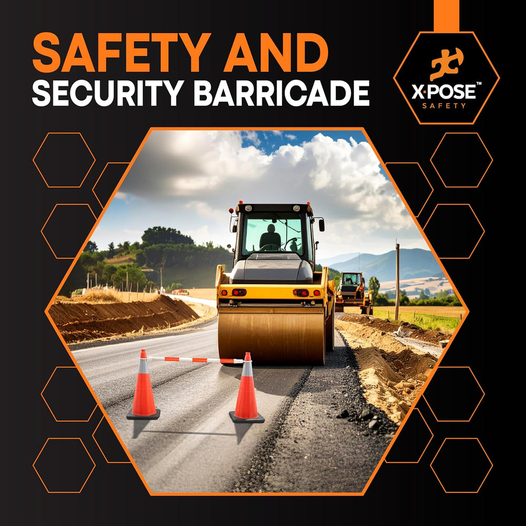 Retractable Barrier for Safety Traffic Cones - 2" OD - Large Yellow and Black Bar Barricade - for Road Construction, Parking, Warning, Temporary Security Divider (40, Orange & White, 72" x 120")