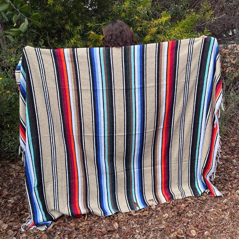 Open Road Goods Authentic Mexican Serape Blanket – 100% Cotton Falsa Blanket - Multi-Color Handmade Mexican Beach Throw (Tan/Beige)