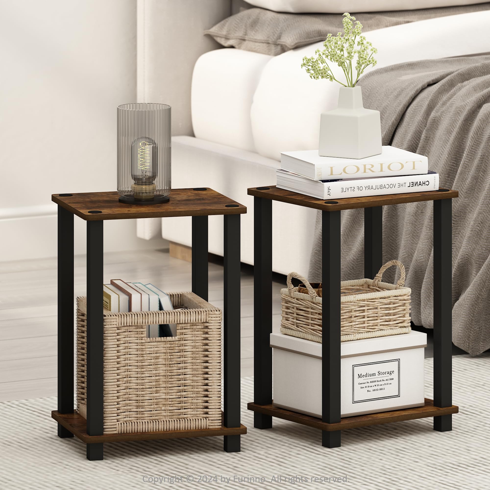 Furinno Just 3-Tier Turn-N-Tube Nightstand, 2-Pack, Columbia Walnut/Black