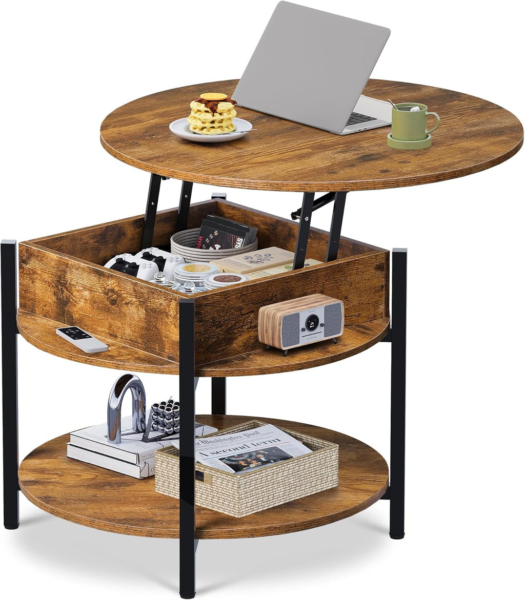 WLIVE Round Lift Top Coffee Table with Storage Shelf and Hidden Compartment, Farmhouse Small Coffee Table with 2 Tier for Living Room and Home Office, Rustic Brown