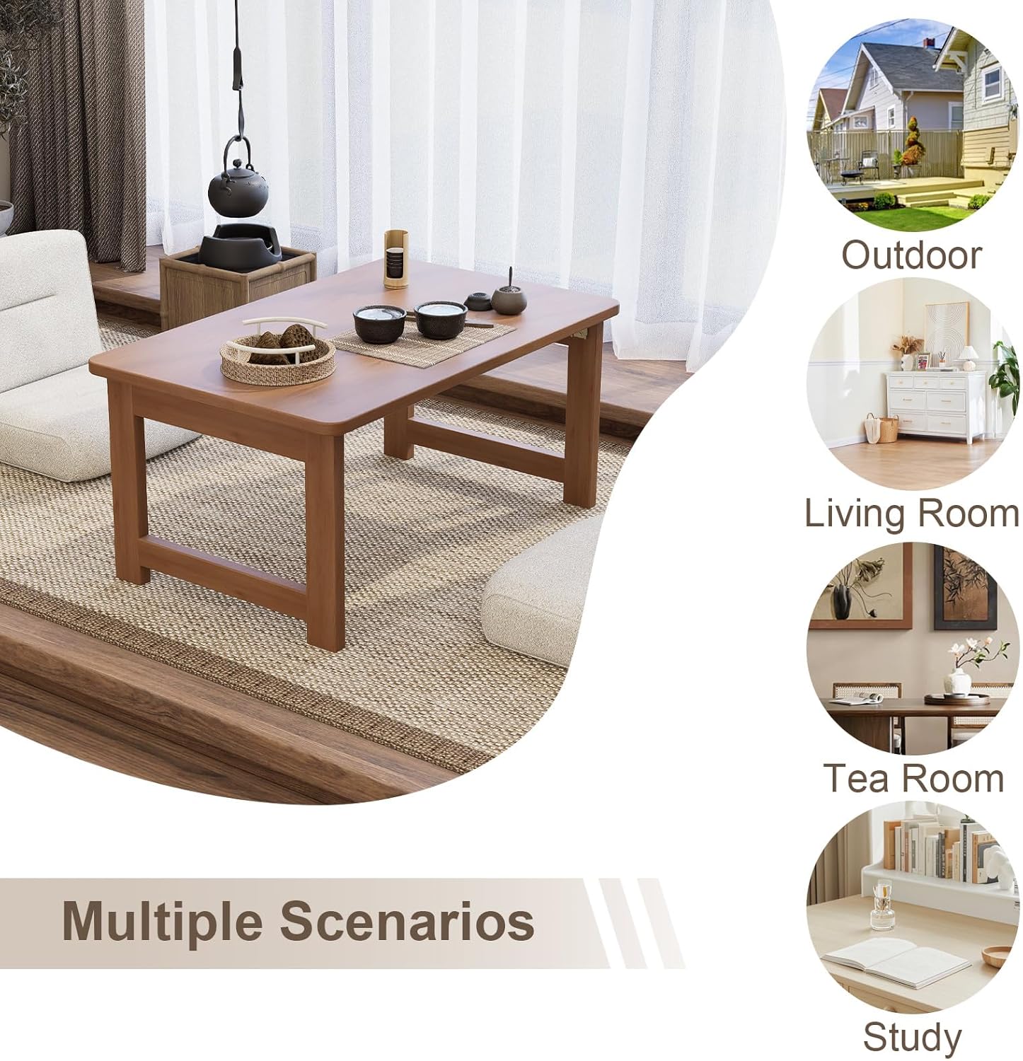 Folding Coffee Table for Living Room - No Assembly Rectangular Foldable Low Table, Japanese Natural Bamboo Wood Coffee Table for Small Space Bedroom, Study, Camping, 31.5" Desktop (Dark Brown)