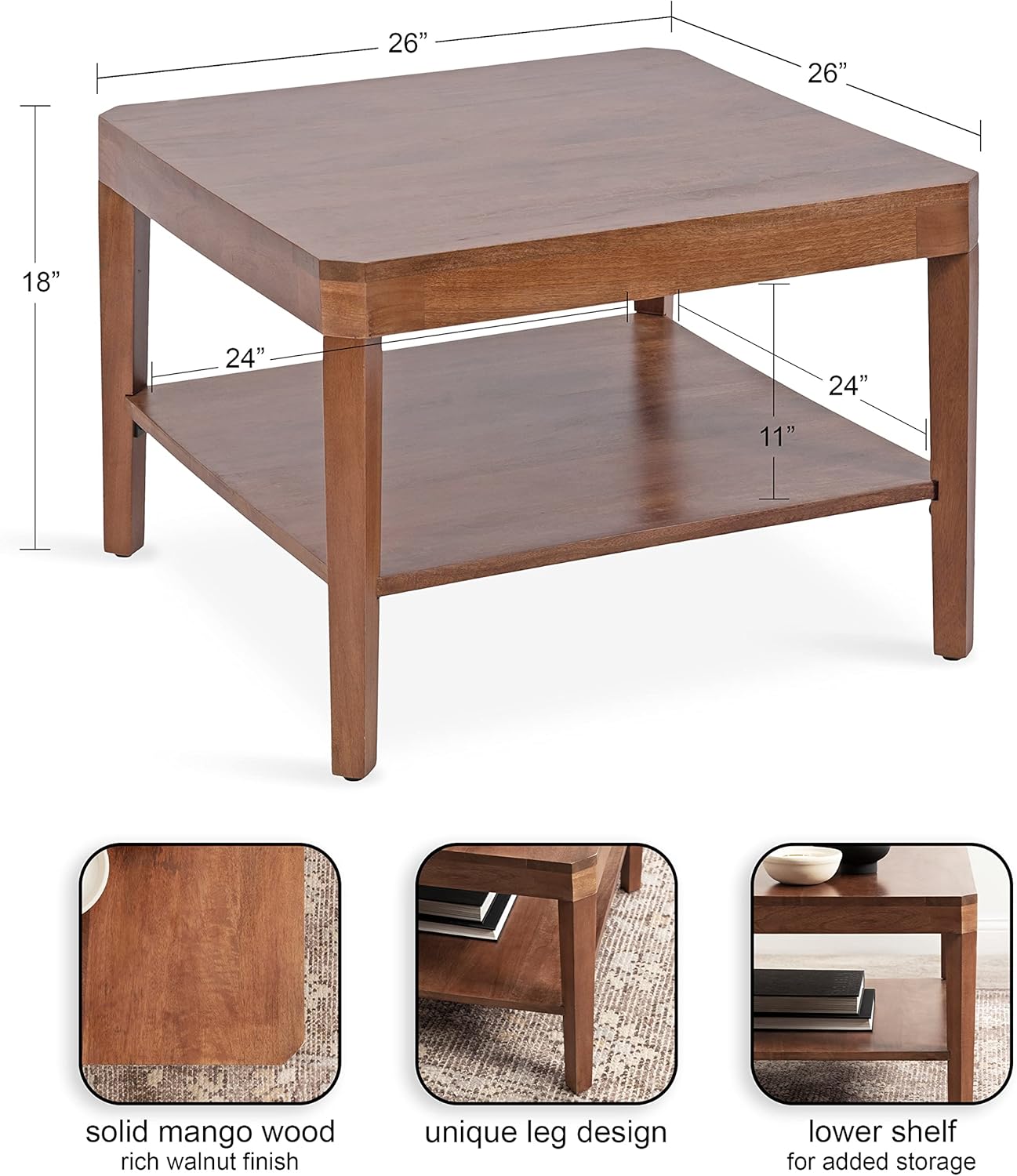 Kate and Laurel Talcott Modern Tiered Square Coffee Table; 26 x 26 x 18; Walnut Brown; Transitional Two-Tier Rectangular Living Room Table with Storage and Mango Wood Construction