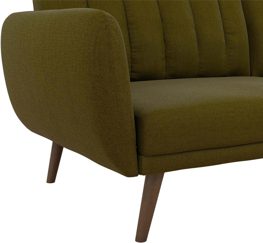 Novogratz Brittany 82 Inch Futon Sofa Bed in Faux Leather, Upholstered Couch Sleeper with Tufted Back, Mid-Century Modern Design, Green