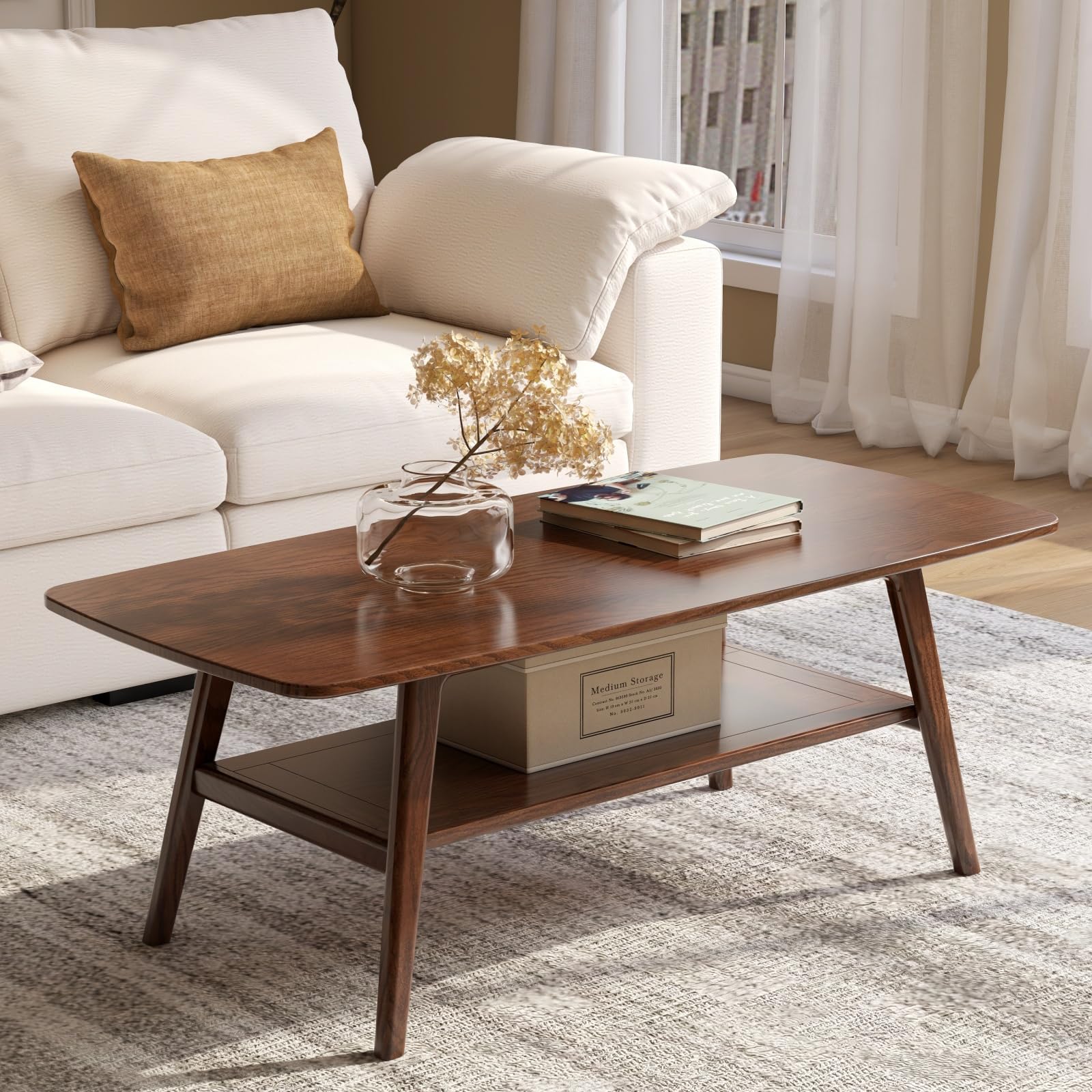 100% Solid Oak Wood Coffee Table for Living Room, 2-Tier Small Table with Storage Shelf, Mid Century Modern Coffee Tables (Walnut, 31.49" x 19.68" x 17.32")