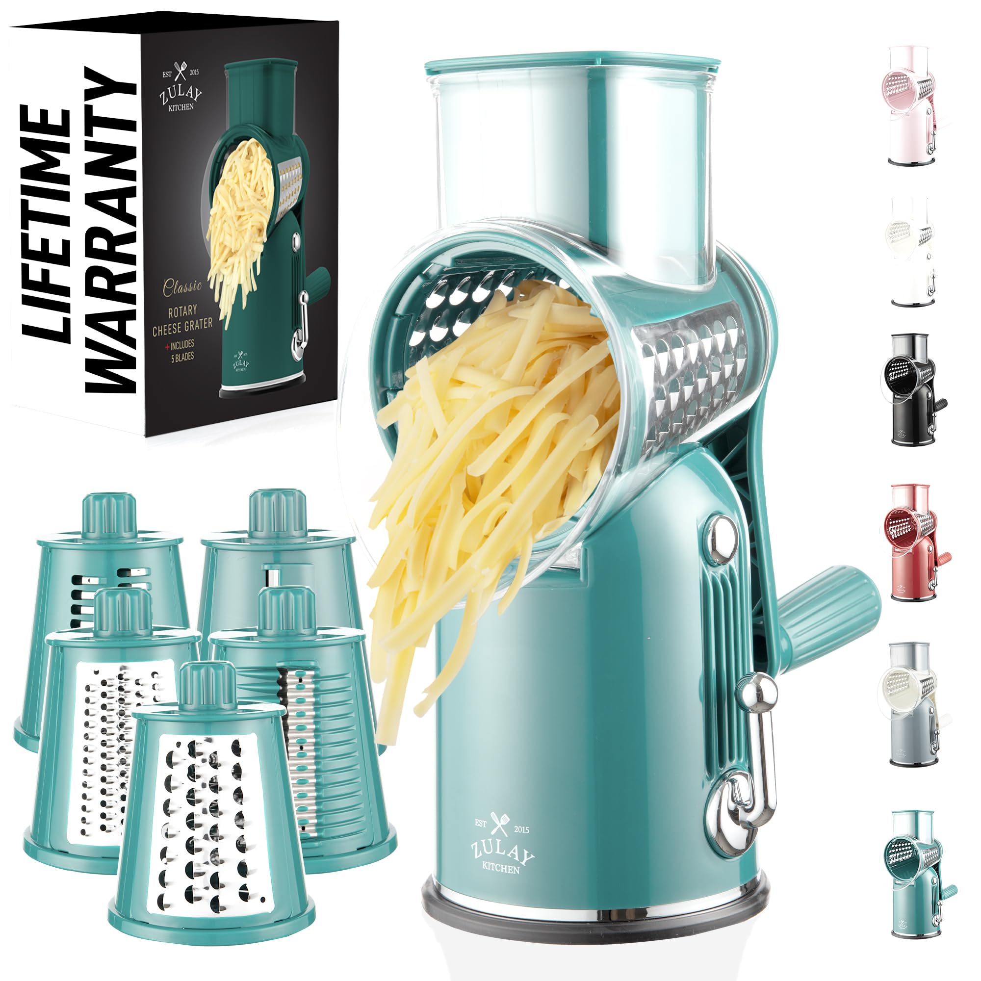 Zulay Rotary Cheese Grater 3 Blade Cheese Shredder - Manual Hand Crank Cheese Grater With Reinforced Suction & 3 Interchangeable Drums - Easy to Use Vegetable Chopper - Black
