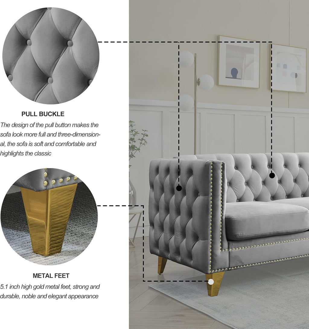 KEIKI Tufted Velvet 3+3 Seat Sofa Couch for Living Room, Buttons Tufted Square Arm Couch for Home Apartment, Gray