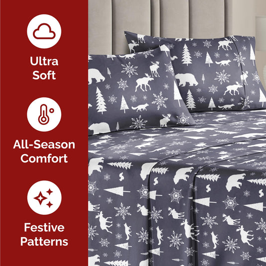 King Christmas Tree Sheet Set - Holiday Xmas Pattern Linen Set - Deep Pockets - Snug Fit - 4 Piece - Wrinkle Free - Comfy & Cooling Festive Winter Bedding - Easy To Care For - Kid Friendly