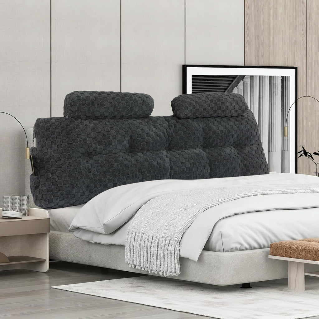 Groot hoofdeinde kussen met 2 stuks nekkussen rol kussen wig kussen bed rust lees kussen bolster driehoekig kussen voor zitten in bed-rugleuning positioneringssteun (Queen:59x8x20 inches, Donkergrijs)