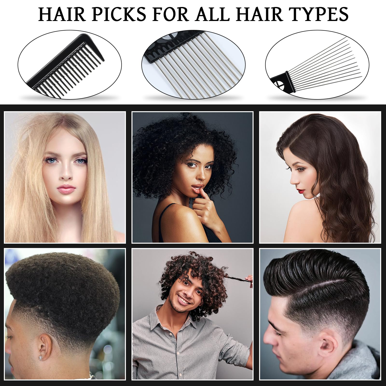 Afro Hair Pick for Men Hair Comb with Metal Pick for Afro Hair Wide Tooth Comb for Hair styling Afro Pick for Women Styling Comb Styling Tool for Natural Curly Hair Beard, 3PCS