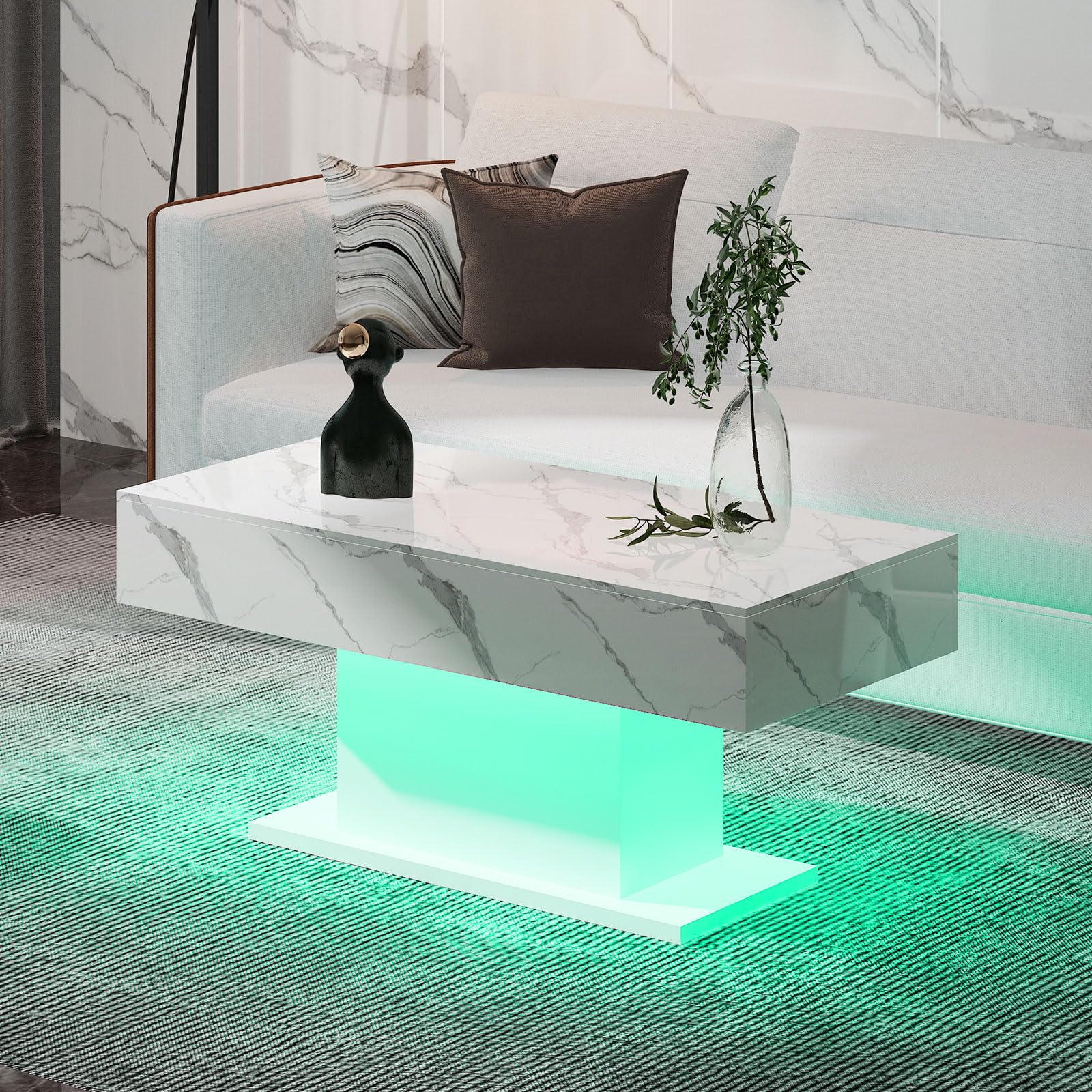 Led Coffee Table for Living Room, Living Room Table Rectangular Center Table, Modern High Glossy Wooden Coffee Tables with 16 Colors LED Lights for Dining Reception Room, White