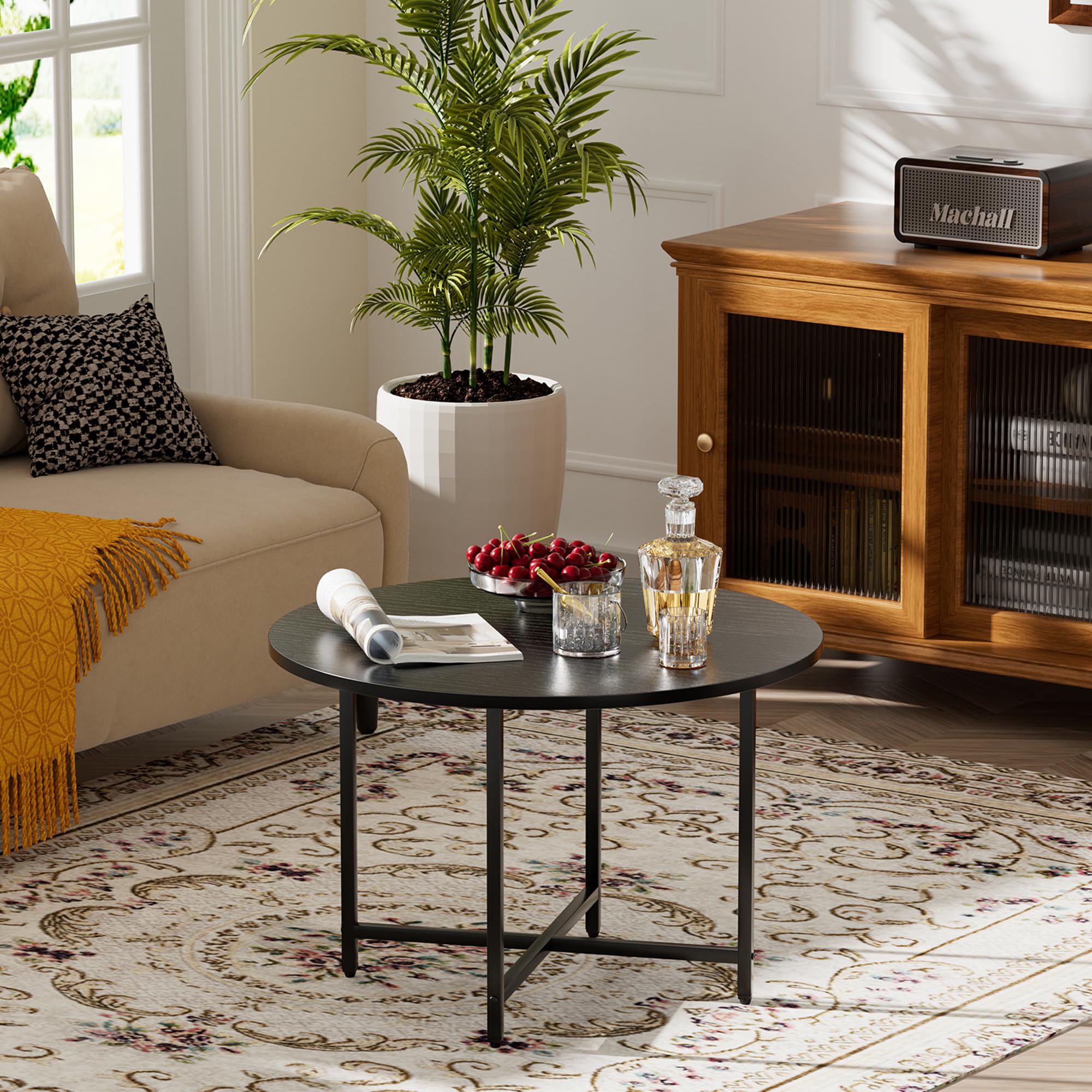 Round Coffee Table, Small Coffee Tables for Living Room, Wood Coffee Table with Metal Frame, Floor Table Desk for Sitting on The Floor, Home, Office, Farmhouse, Rustic Brown (23.6"D x 17.7"H)