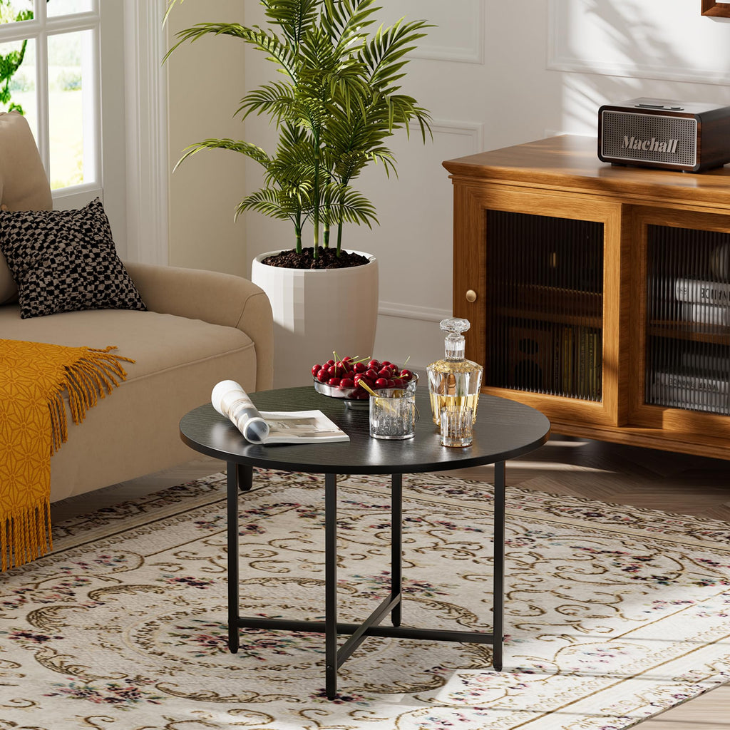 Coffee Table, 23.6" Coffee Tables for Living Room, Round Coffee Table with Metal Frame, Floor Table for Sitting on The Floor, Home, Office, Black