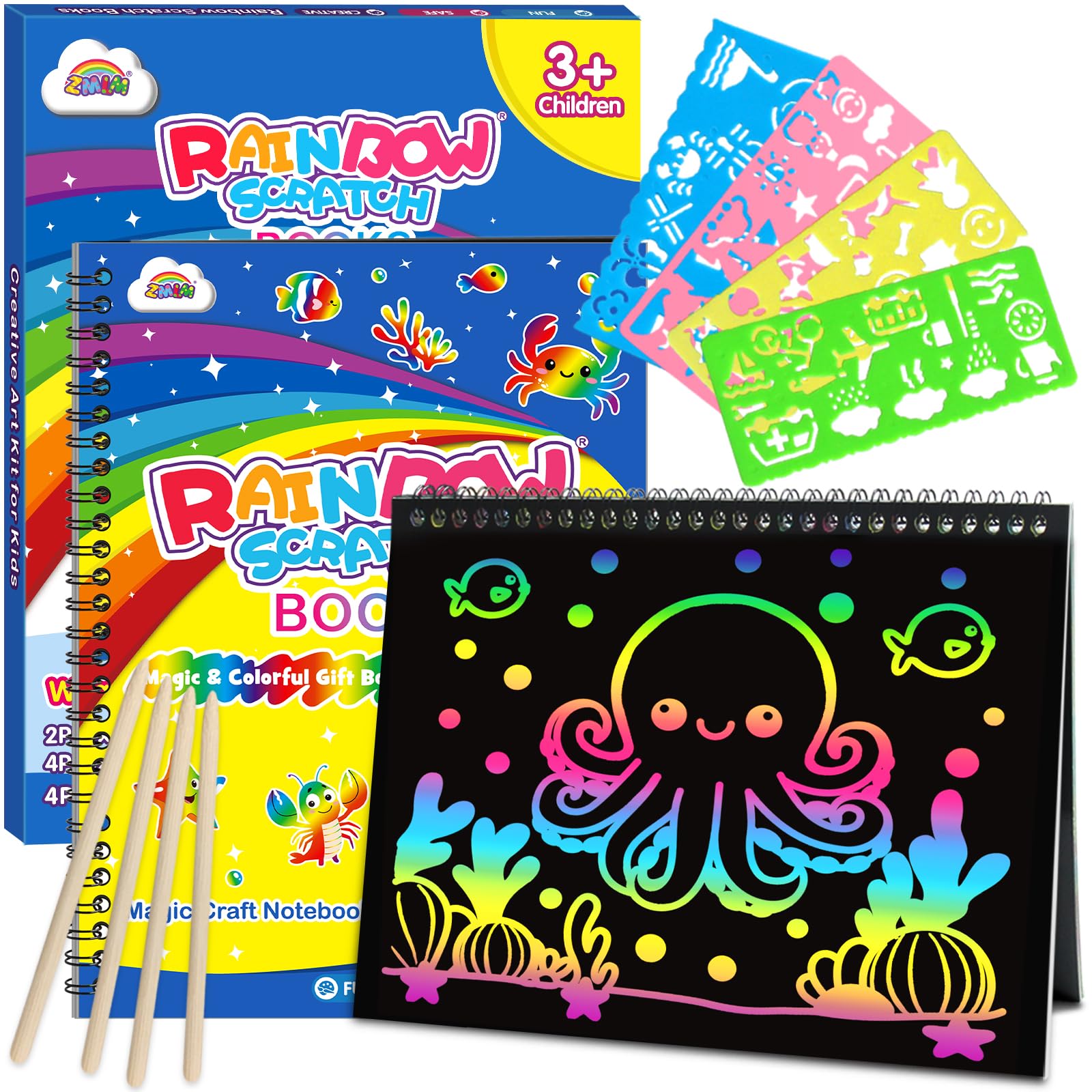ZMLM Scratch Paper Art-Crafts Gift: 2 Pack Rainbow Notebooks Supplies Toys Easter Basket Stuffers for 3 4 5 6 7 8 9 10 Years Old Girls and Boys Kids Valentine's Day Birthday Party Games (Blue)