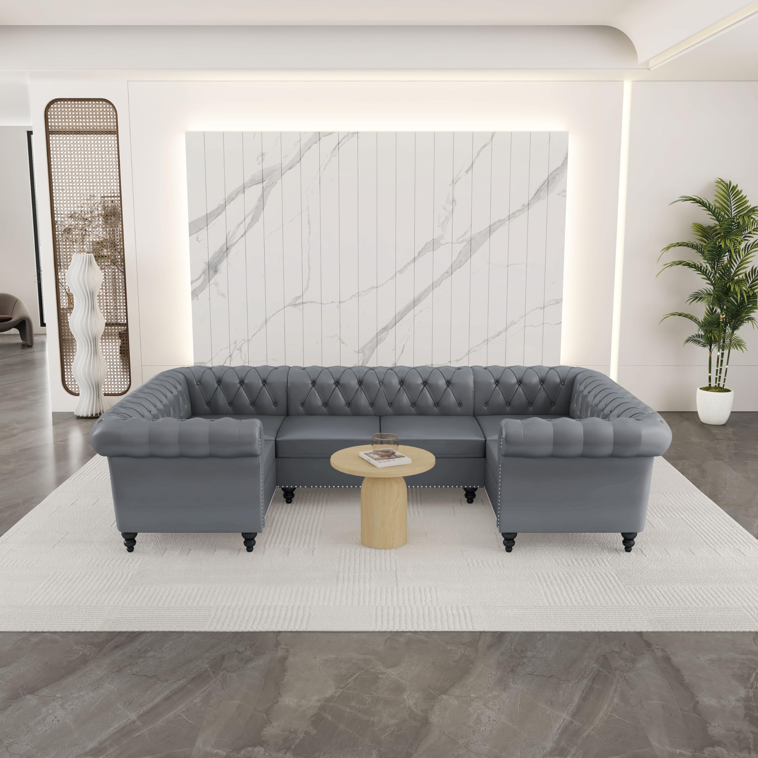 AVZEAR 3 Pieces Sectional U-Shaped Sofa, Leather Modular Sectional Couches Chesterfield Sofa Set, Modern Living Room Furniture Sets Upholstered Couch Set for Living Room, Office and Apartment, Black