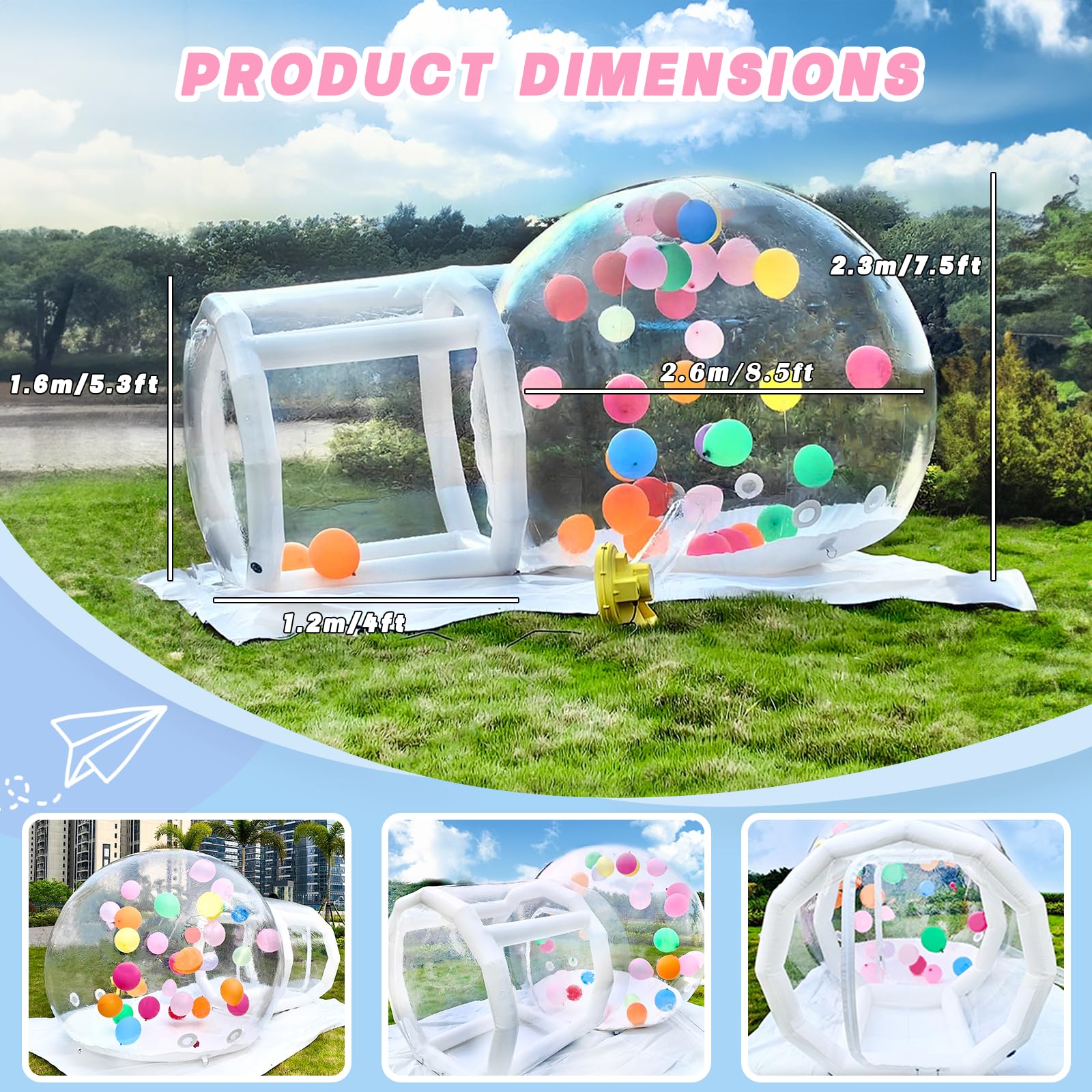8,5FT aufblasbare Bubble-Hauskuppel für Kinder/Erwachsene, kommerzielles PVC-Bubble-Ballonzelt mit 4'L Tunnel, transparentes Outdoor-Spielplatz-Set für Garten, Geburtstag, Hochzeit, Gender Reveal