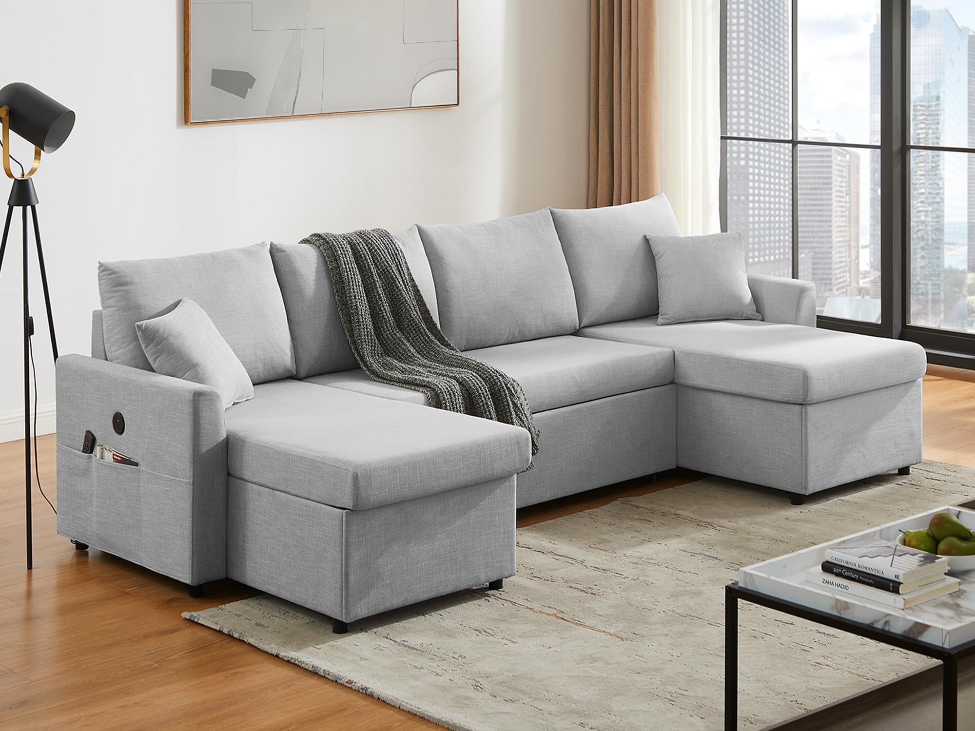 L Shaped Convertible Sleeper Sofa Bed, 84" Sectional Couch for Living Room - Pull Out Bed, Reversible Chaise with Storage, Dual USB-C Charging, Removable & Washable Dark Grey Linen Covers