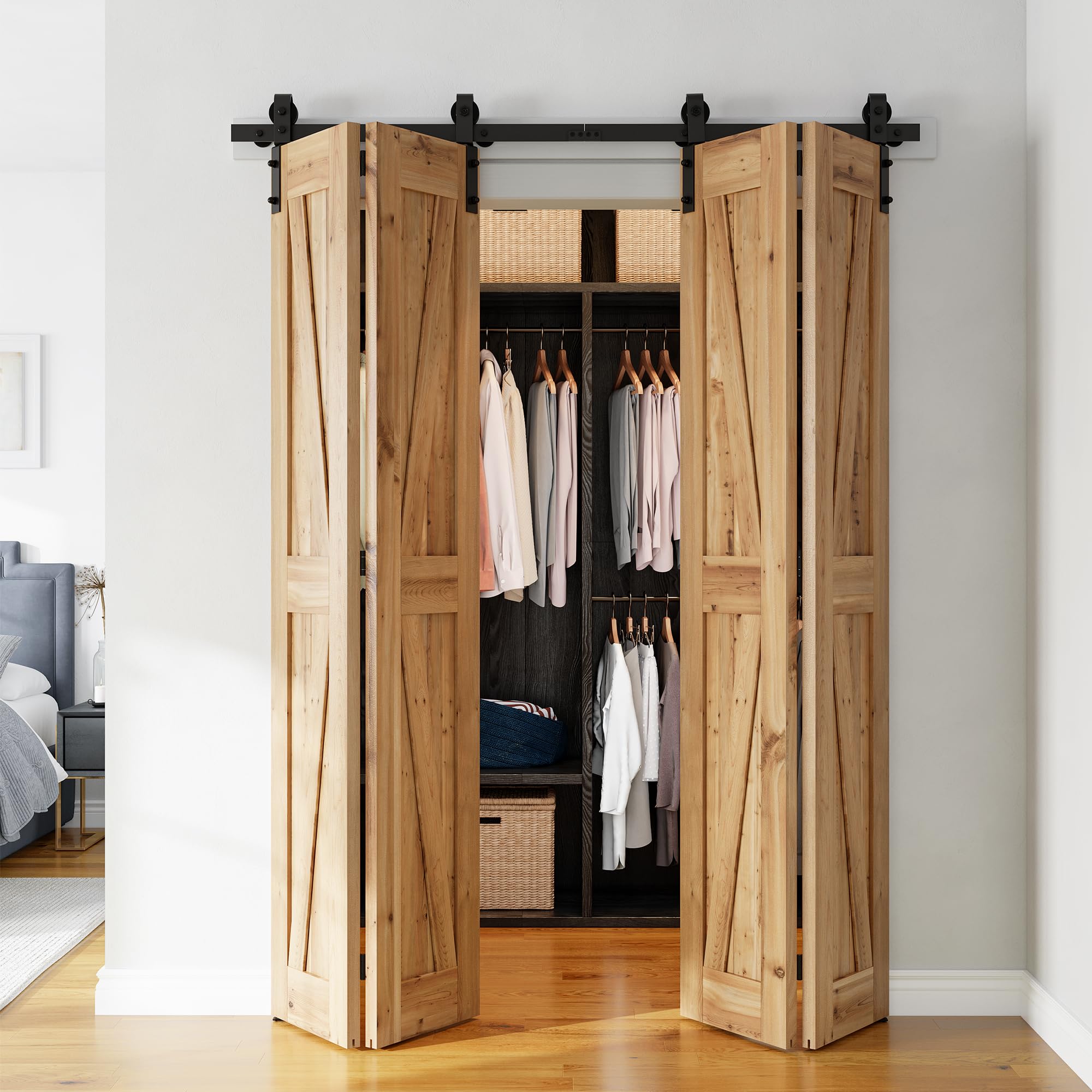 SMARTSTANDARD 5.3ft/64'' Bi-Folding Sliding Barn Door Hardware Kit, Bifold Barn Door Hardware Heavy Duty Sturdy Side Mounted for 4 Doors -Smoothly and Quietly-Easy to Install, Fit 60'' Door, No Doors