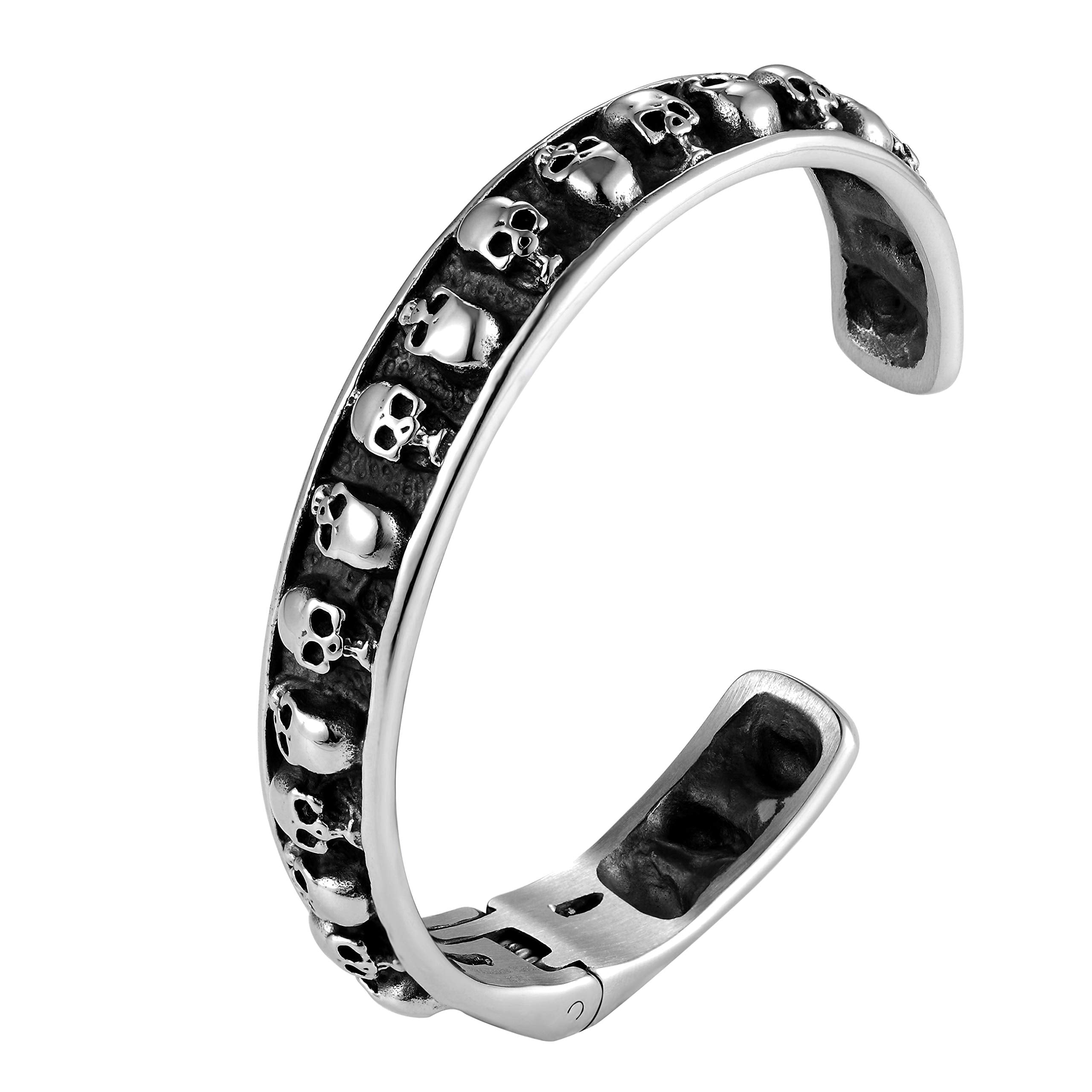 Bold Men’s Biker Bracelet – Skull, Wolf, and Foxtail Chain Designs in Polished Silver & Black Genuine Leather – Rust & Discoloration Resistant Stainless Steel – Jewelry Gift or Accessory for Men