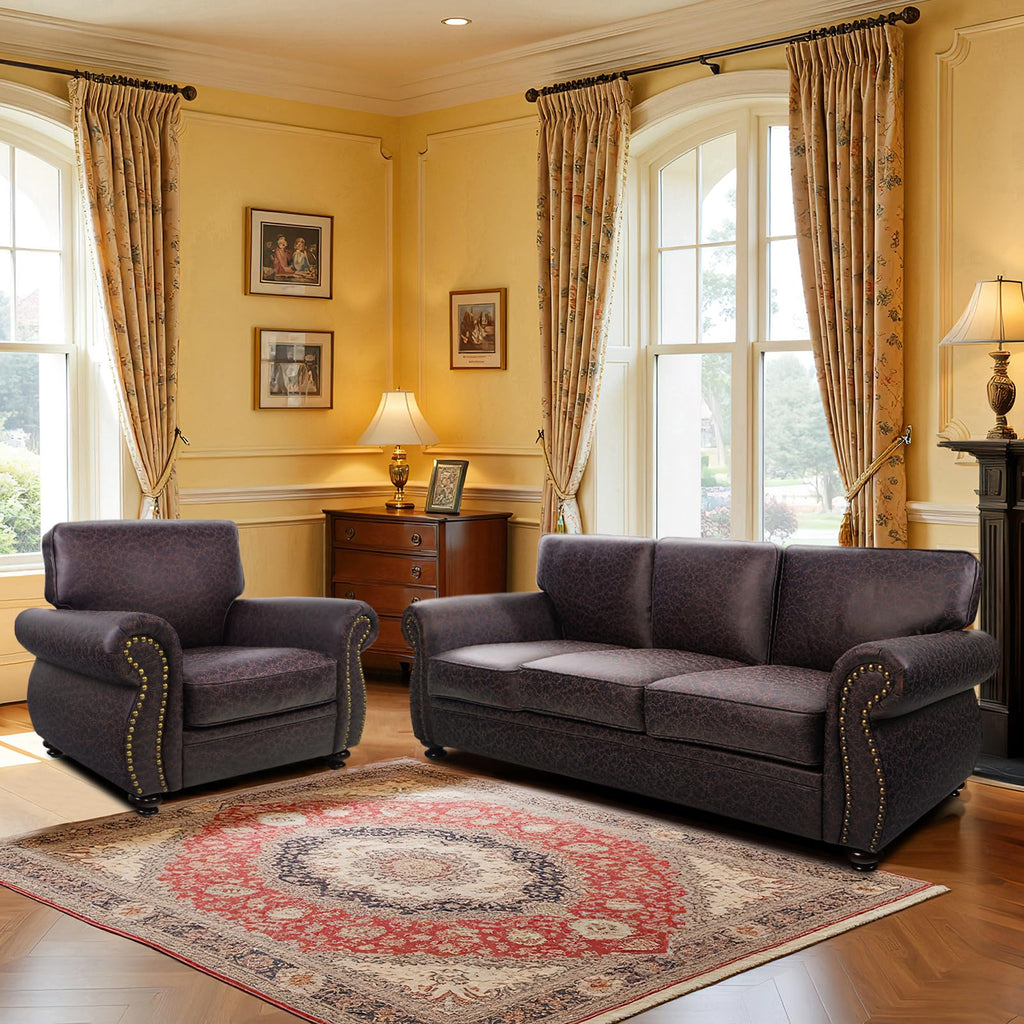 Mid-Century Vintage Sofa Couches with Rivet Design,loveseat Sofa,Removable Sofa Cover Upholstered Cushions and Solid Wood Frame (Grey, 3-Seater)