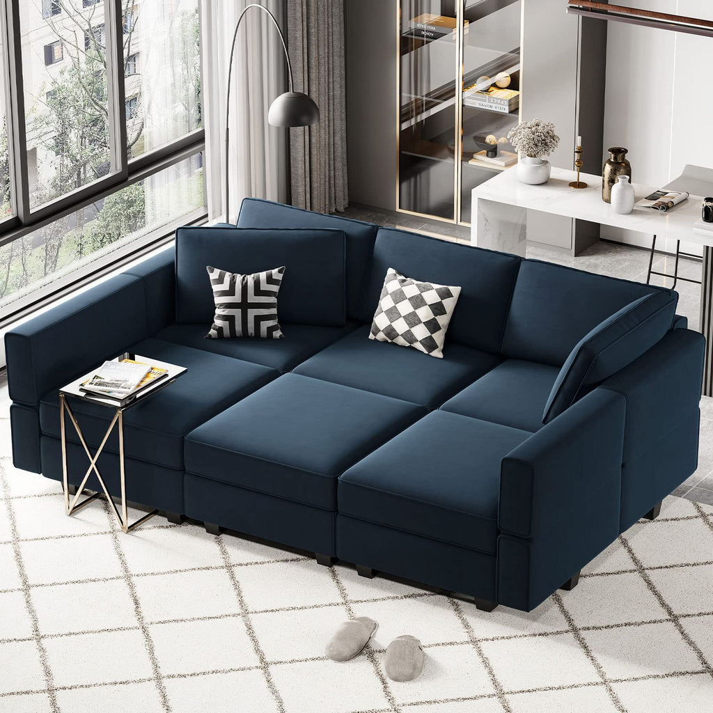 Belffin Modular Sectional Sofa with Ottomans Velvet Reversible Sleeper Sectional Sofa with Chaise Modular Sleeper Sofa Bed with Storage Seat Blue