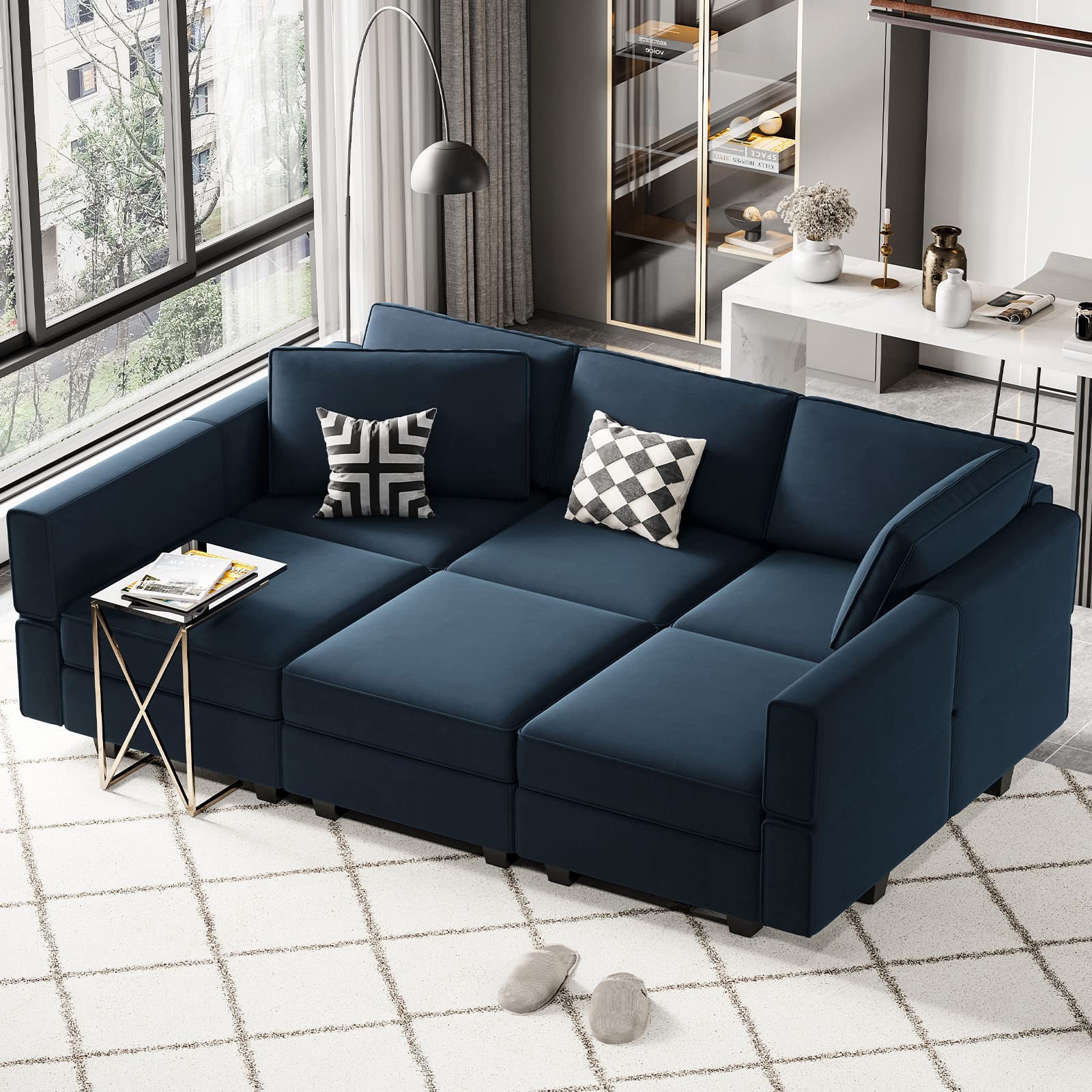 Belffin Modular Sectional Sofa with Ottomans Velvet Reversible Sleeper Sectional Sofa with Chaise Modular Sleeper Sofa Bed with Storage Seat Blue