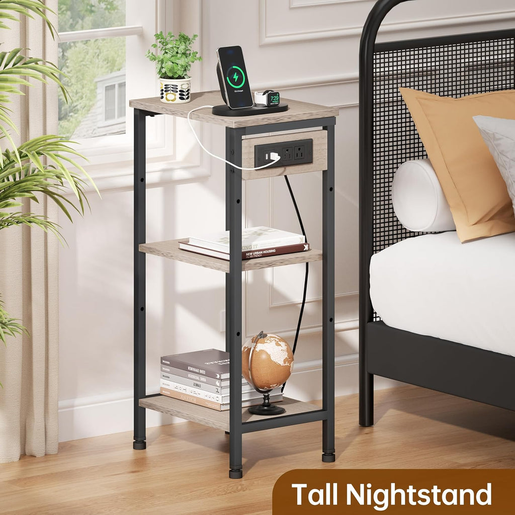 Tall End Table with Charging Station, 3 Tier Narrow Beside Table with Adjustable Shelf, Tall Side Table Nightstand for Bedroom, Living Room Coffe Table, Office, Greige