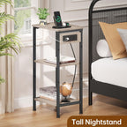 Tall End Table with Charging Station, 3 Tier Narrow Beside Table with Adjustable Shelf, Tall Side Table Nightstand for Bedroom, Living Room Coffe Table, Office, Greige
