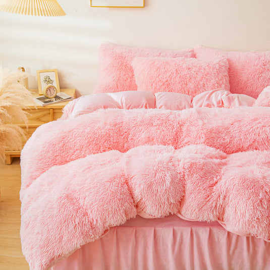 Fluffy Pink Faux Fur Comforter Cover Set，Fluffy Fuzzy Plush Pink Bedding 3Pcs (1 Faux Fur Duvet Cover +2 Fuzzy Pillowcases) Pink Fluffy Bed Set (Pink, Queen)