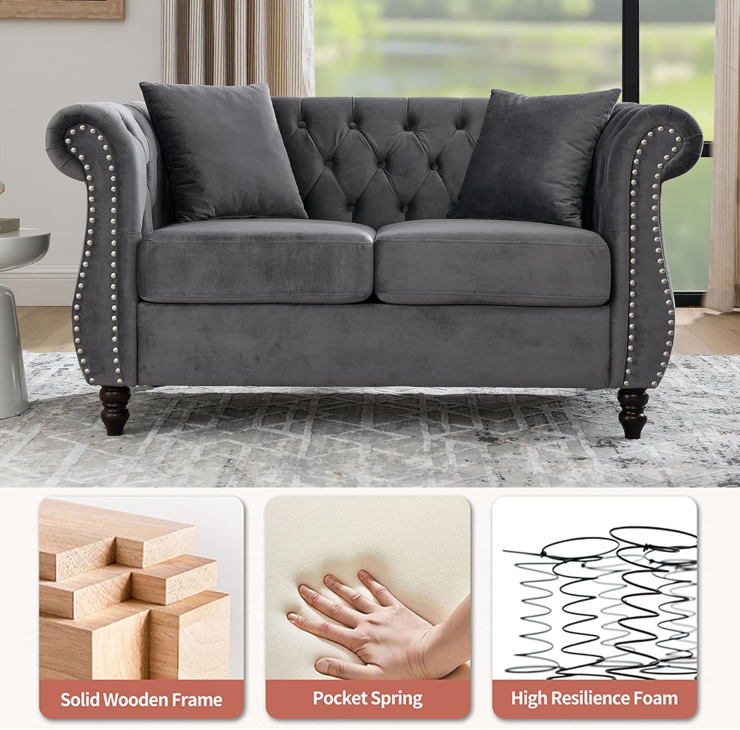59" Chesterfield Loveseat Velvet Sofa for Living Room,2-Seater Sofa Tufted Couch with Two Pillows,Rolled Arms and Nailhead for Living Room, Bedroom, Office Grey