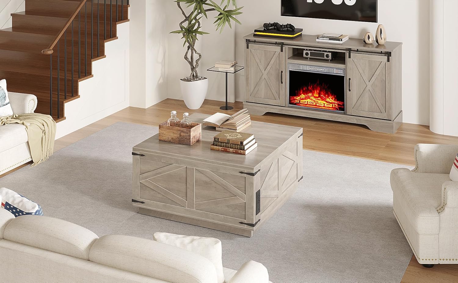 Rustic Grey Farmhouse Lift-Top Coffee Table: Square Wood Center Table with Hidden Storage Compartment, Floating LED Lights & USB-C Charging Station - Living Room Furniture