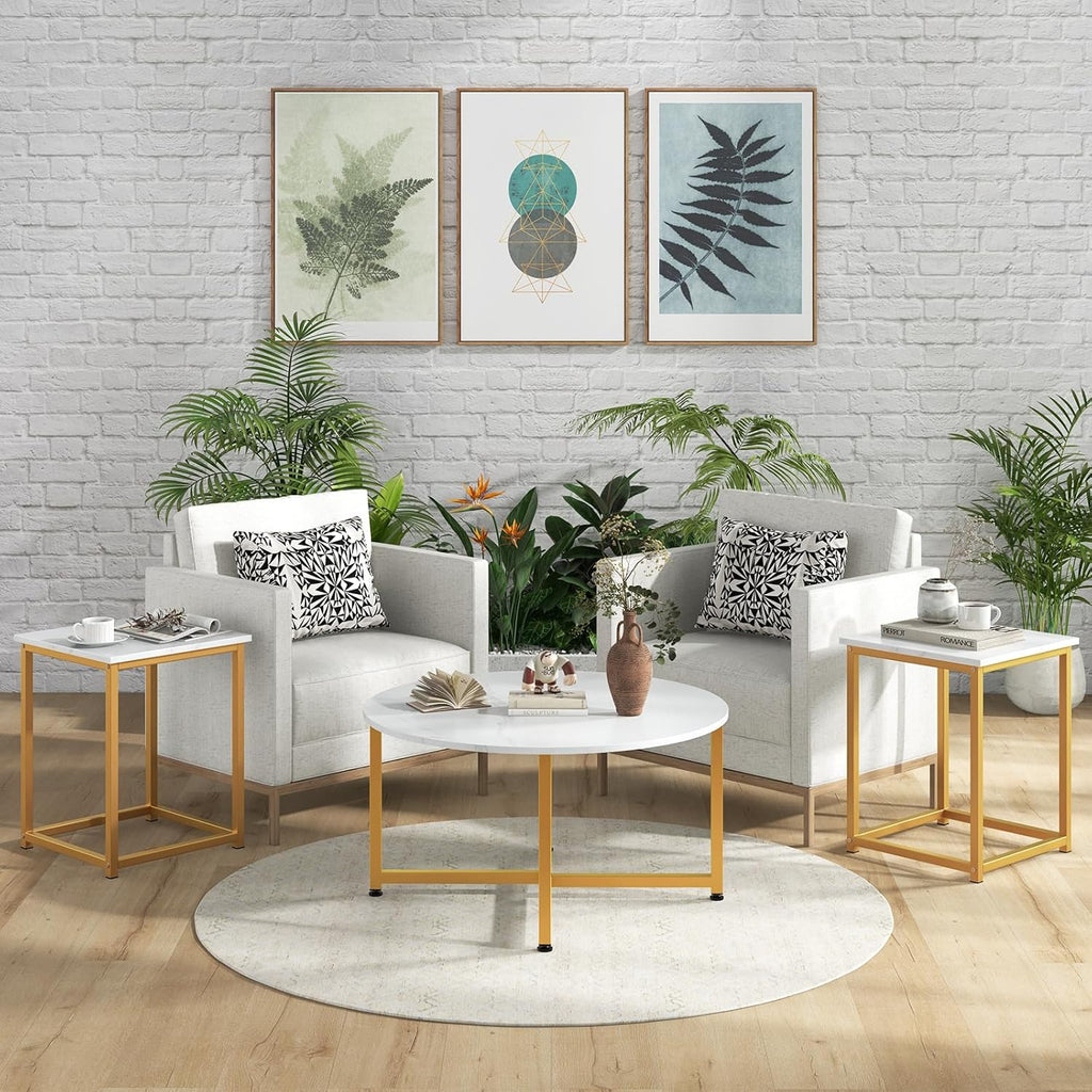 Giantex Round Nesting Table Set of 3, Modern Faux Marble Coffee Table w/2 End Tables, Sturdy Metal Frame, 3-Piece Wooden Living Room Table Set for Home Office, Apartment (White & Gold)