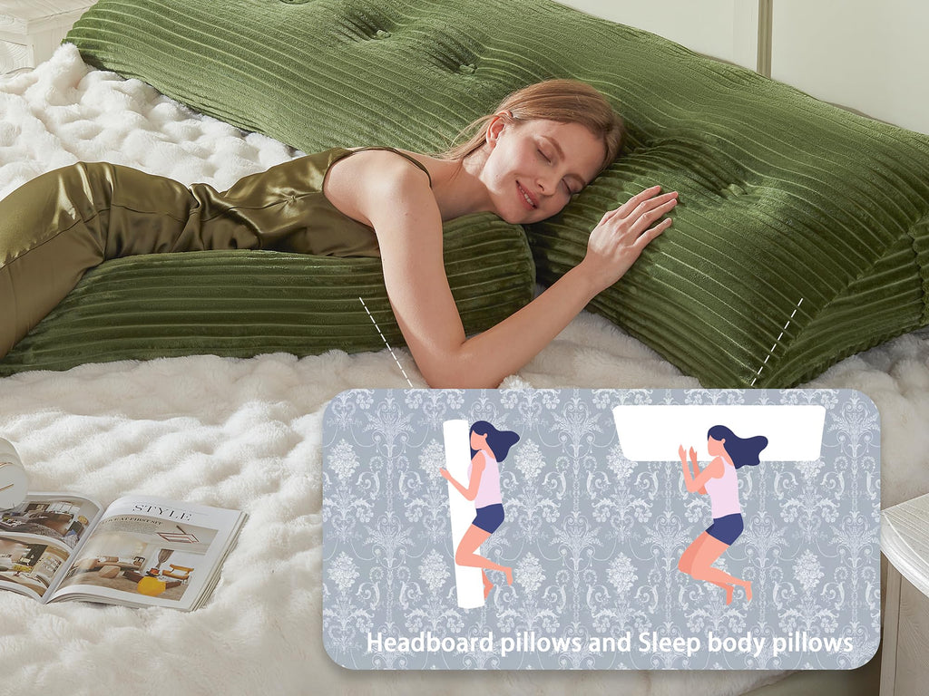 AmyWtb Headboard Wedge Pillow + A Long Neck Roll Pillow Body Pillow，Large Headboard Pillow with Removable Cover (Green, Queen：59x8x20 inches)