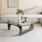 Triangle Glass Coffee Table-Mid-Century Modern End Table Solid Wood Base & Vintage Tempered Transparent Glass Top Coffee Tables Living Room Balcony (Black/Brown, Small 32.2 * 22.4 * 16in)