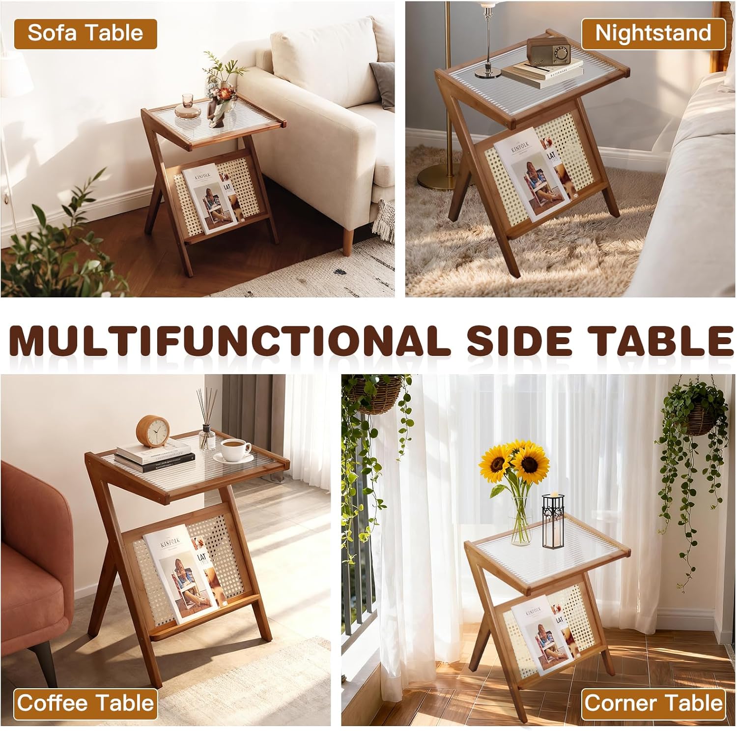 Stand Side Table Plastic Rattan Bedside Tables Glass Coffee Tables Wood Boho End Table with Storage Compact Accent Table for Small Spaces, Perfect for Living Room, Bedroom and Apartment (Brown)