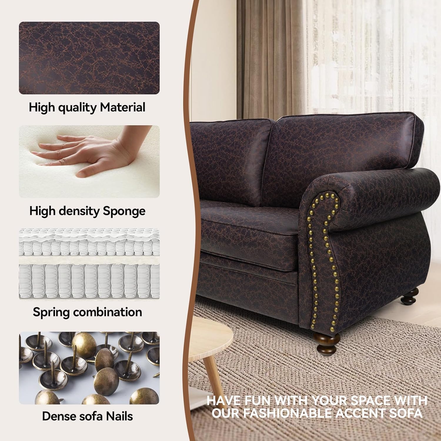 Rivet Couch,Living Room Sets,Mid-Century Couch, Solid Wooden Frame for Living Room,Vintage Couches (Brown, Loveseat+3 Seater)