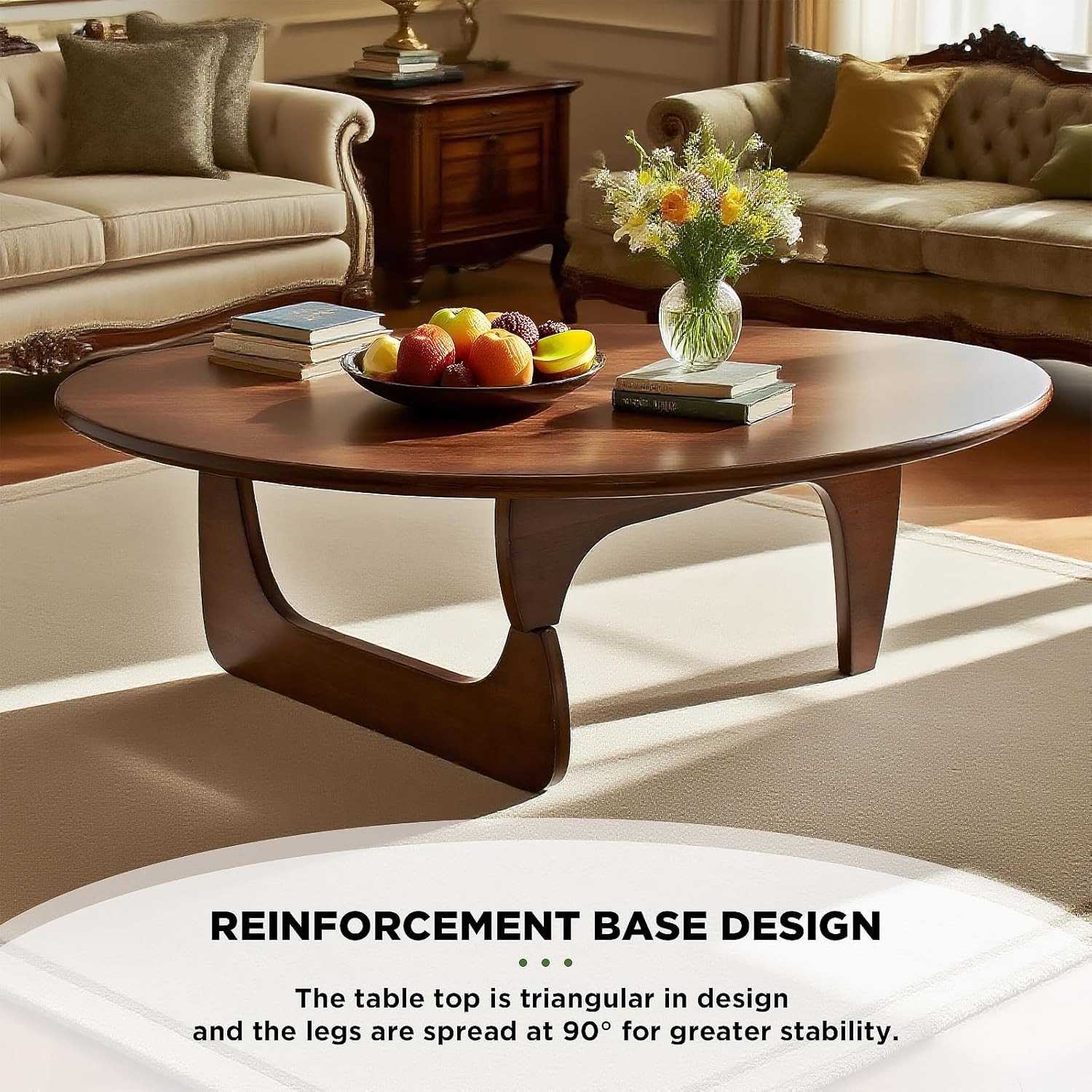 Modern Triangle Coffee Table: Unique Funky Soild Wood Coffee Tables for Living Room, Wooden Oval Mid-Century Modern Abstract Tea Tables for Patio Office Balcony Walnut 35" L x 24" W x 16" H