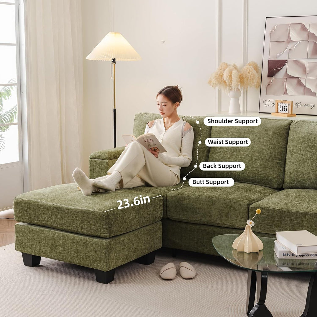 85'' L Shaped Couch with Armrest Organizer,Comfy 3 Seats Sofa with Thick Cushion,Chenille Sectional Couches for Living Room,Bedroom,Apartment,Sofa Set with Oversized Chair,Home Furniture,Green