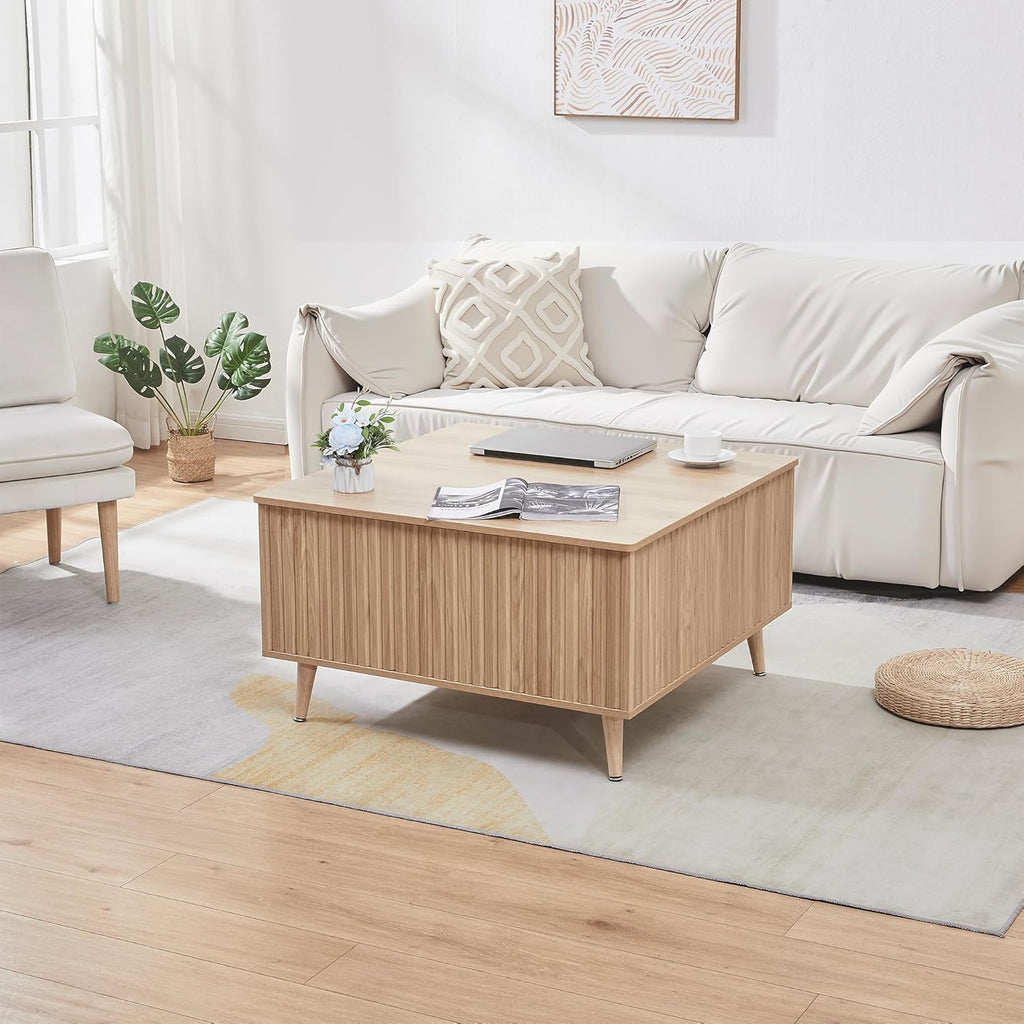 Square Coffee Table for Living Room, 35” Lift Top Coffee Table with Storage, Fluted Coffee Tables with Lifting Top, Mid Century Modern Center Tea Table for Home Office, Studio, Natural Oak