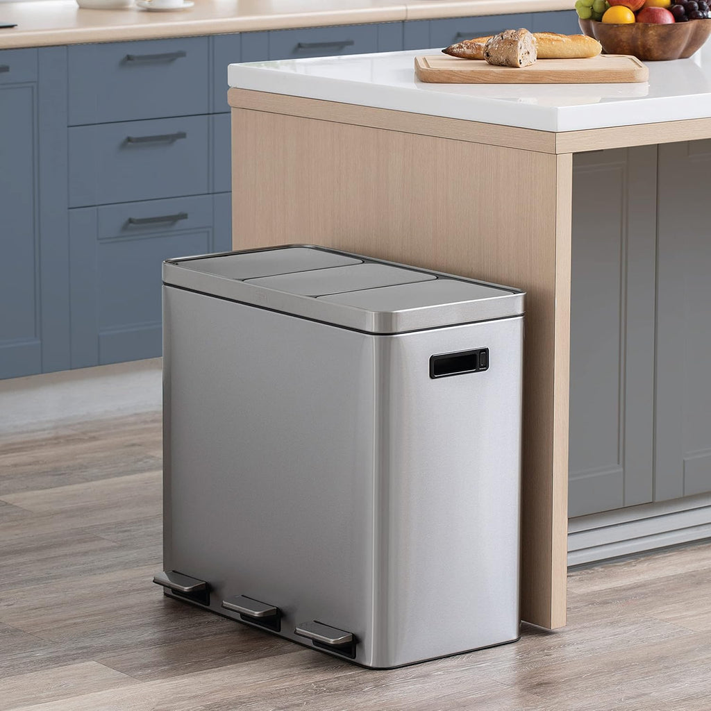 Home Zone Living 16 Gallon Large Kitchen Trash Can with Three Compartments for Recycling, Stainless Steel, Silver, 60 Liters Total