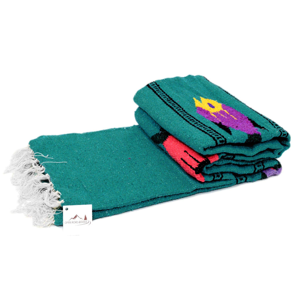 Open Road Goods Thick Mexican Yoga Blanket - Serape Fish Design - Handmade (Turquoise)