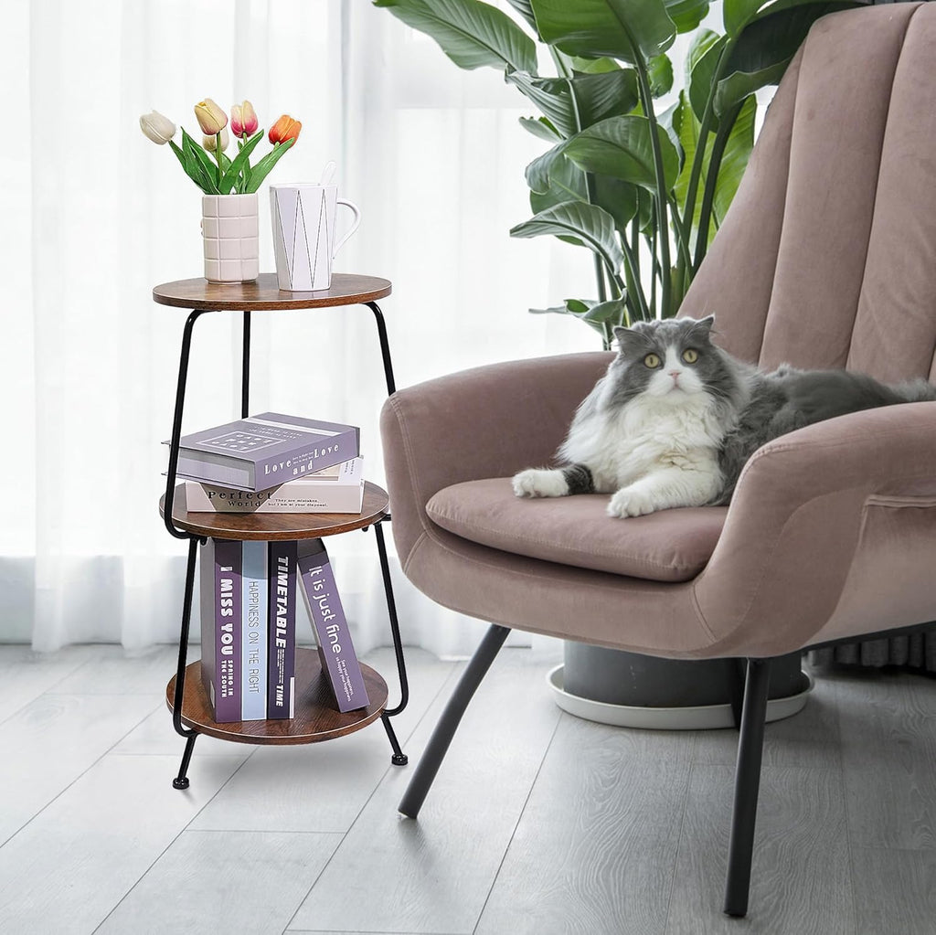 Small Side Table, 3 Tier Round End Table Slim Accent Table Industrial Vintage Nightstand, Metal Frame and Rustic Wood Coffee Table for Small Spaces, Bedroom, Living Room (Brown)