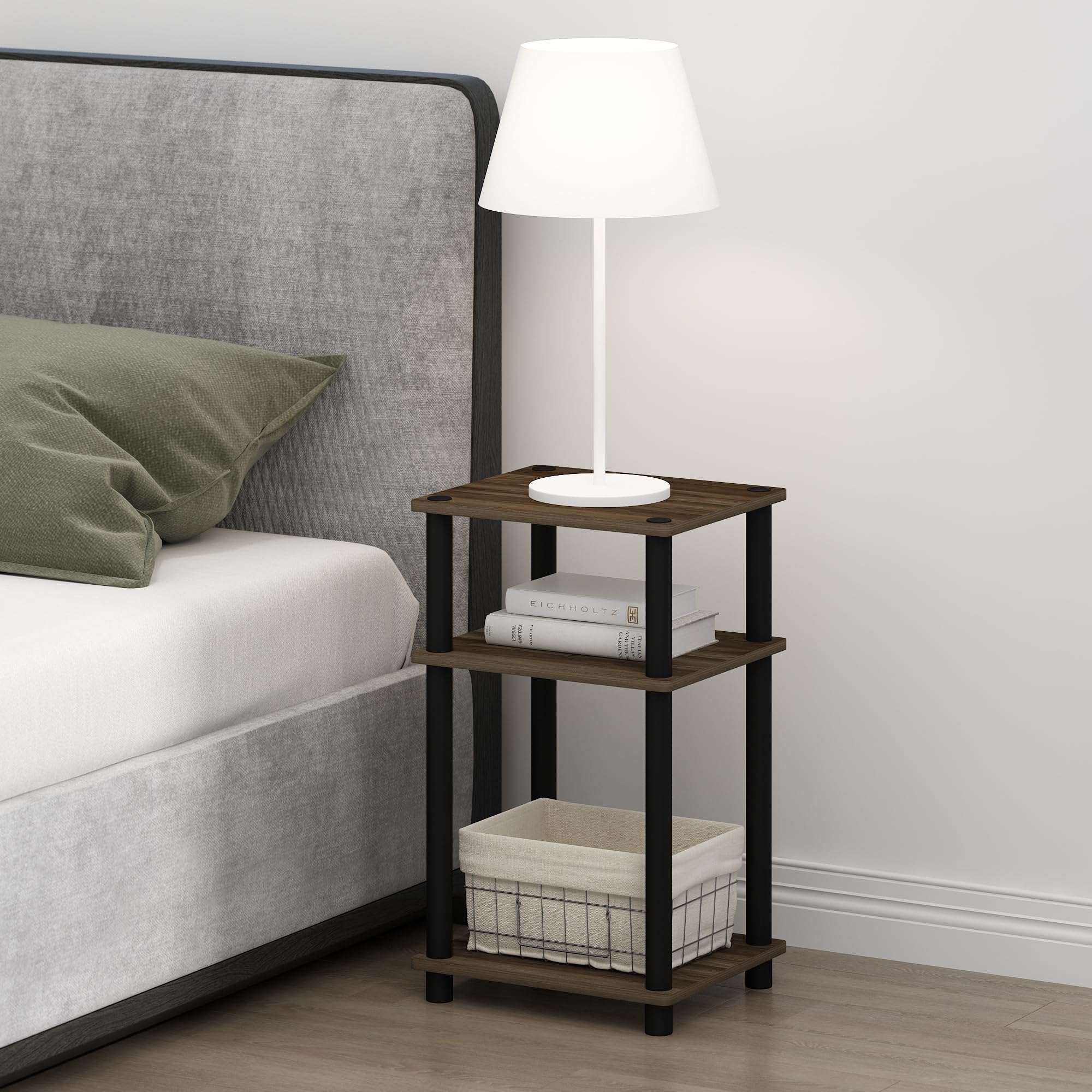Furinno Just 3-Tier Turn-N-Tube Nightstand, 2-Pack, Columbia Walnut/Black