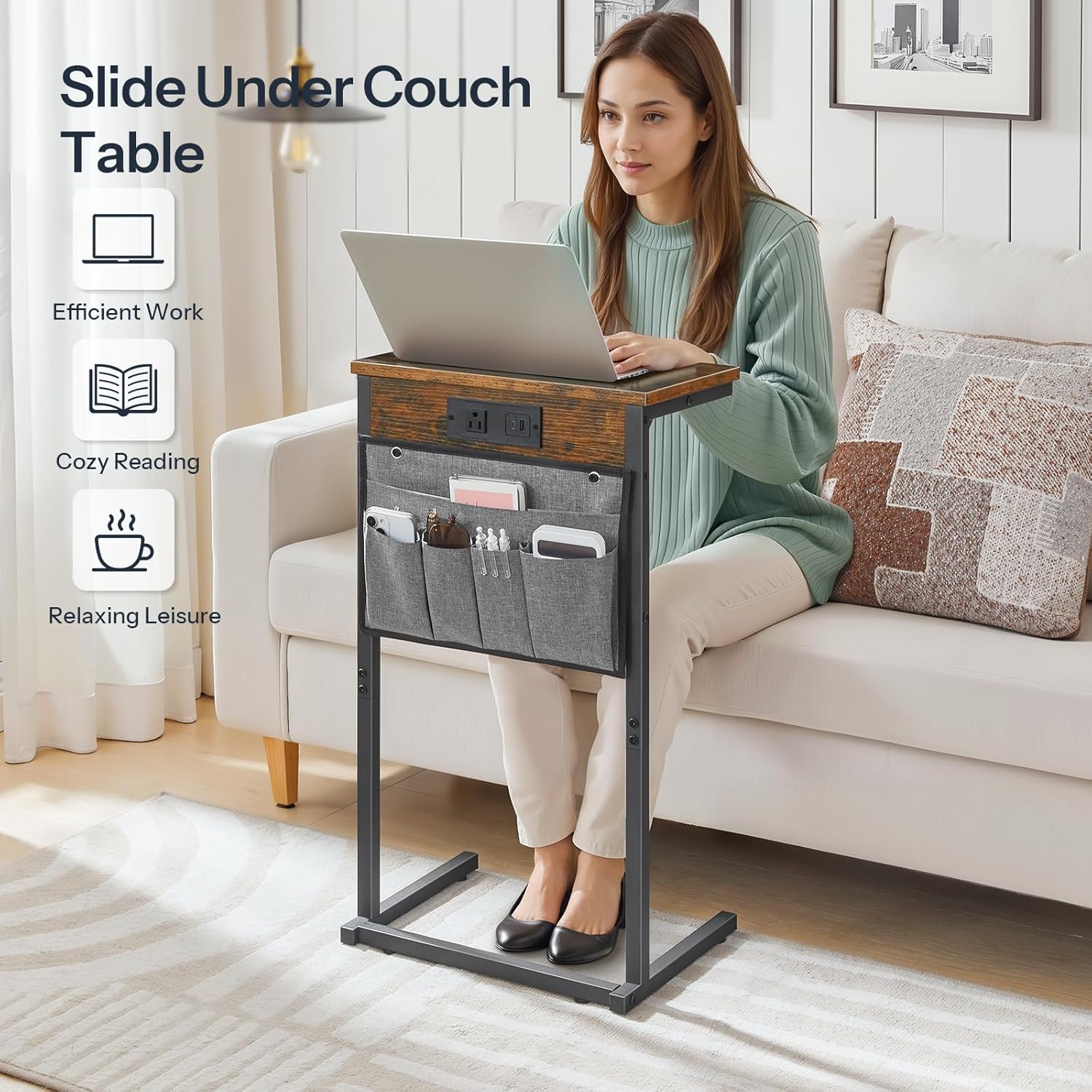 HOOBRO C Shaped End Table with Charging Station, 28" H Couch Side Table Slide Under, Sofa Arm Tray Table with Storage Bag for Living Room, Recliner, Rustic Brown BF70USF01