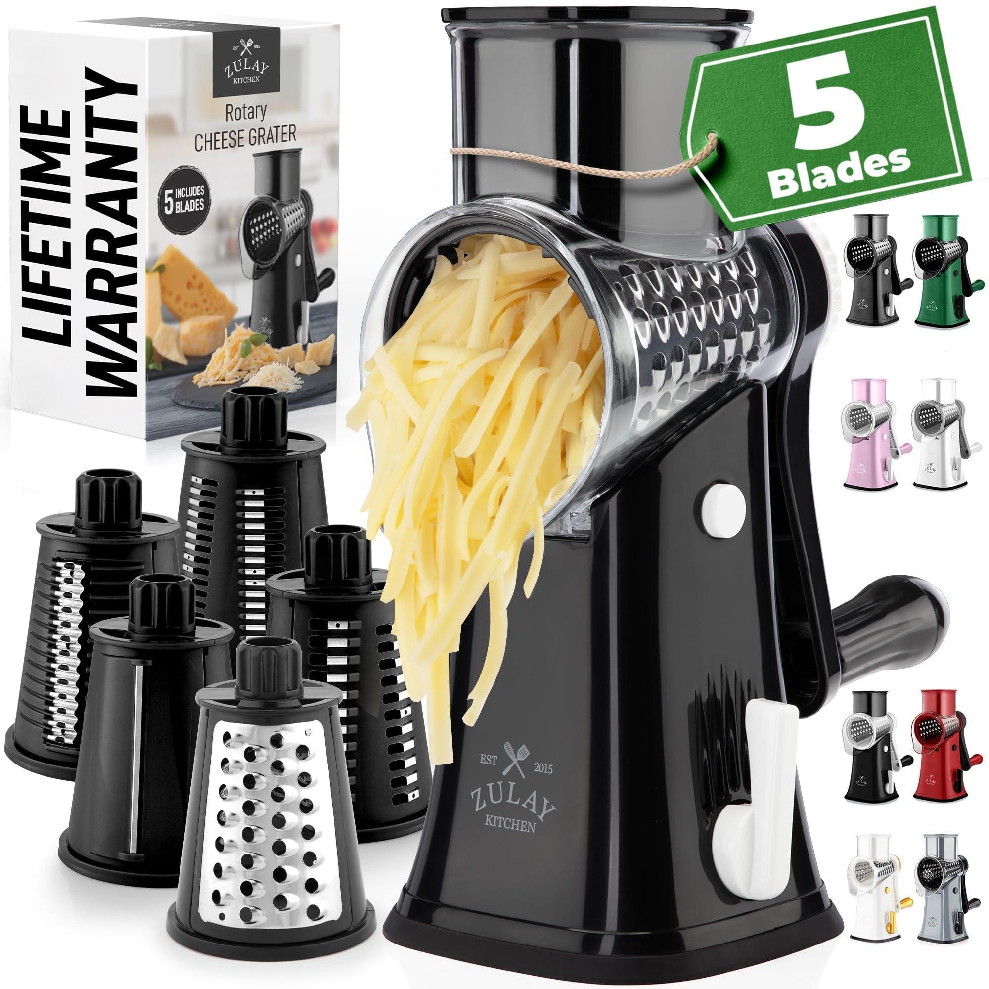 Zulay Rotary Cheese Grater 3 Blade Cheese Shredder - Manual Hand Crank Cheese Grater With Reinforced Suction & 3 Interchangeable Drums - Easy to Use Vegetable Chopper - Black