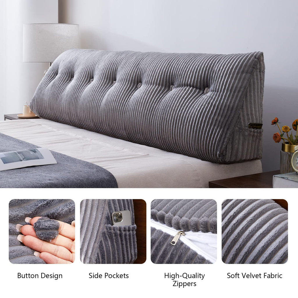 بالشتک گوه‌ای بزرگ برای تکیه‌گاه تخت، بالشت مطالعه، بالشت استوانه‌ای مثلثی برای نشستن در تخت - پشتیبانی موقعیت پشتی، بالشت بلند برای تخت روزانه (کویین: 59x8x20 اینچ، خاکستری)