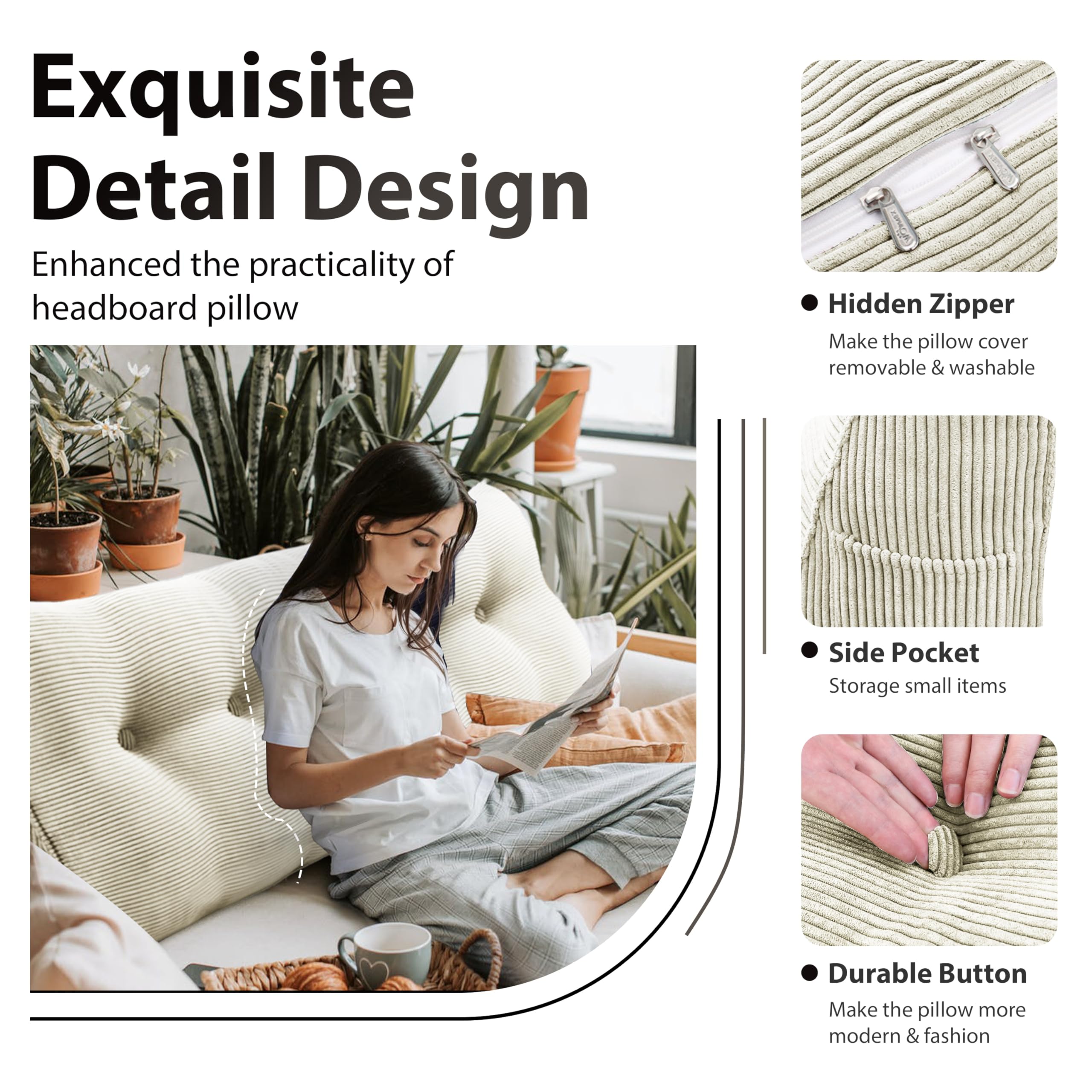 WOWMAX Wedge Pillow Headboard Queen Triangular Headboard Pillow Queen Bed Wedge Pillow for Headboard Bolster Pillow for Bed Daybed Pillows with Removable Cover, Corduroy(100% Cotton), White